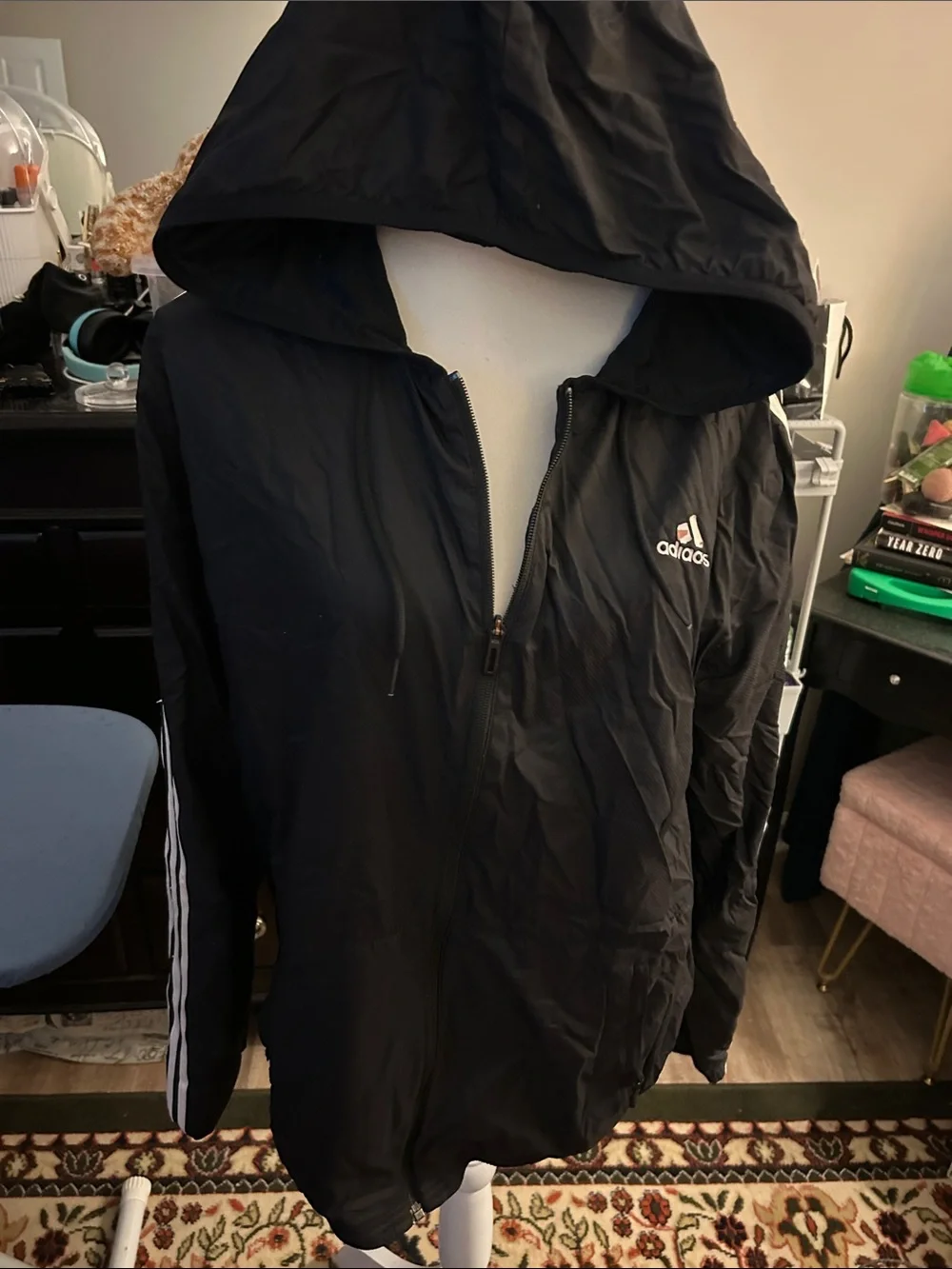 adidas Black Hooded Jacket with White Stripe Accents